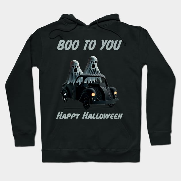 Boo to You 2 Ghosts in a Car for Halloween Parade Hoodie by FrogAndToadsWorkshop